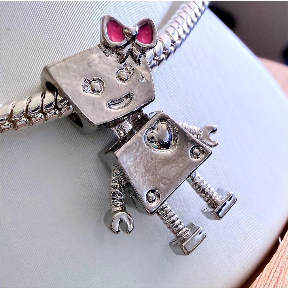 Pandora-like Silver Bead Charm Snake Chain Bracelet Robot Girl Pink Bow